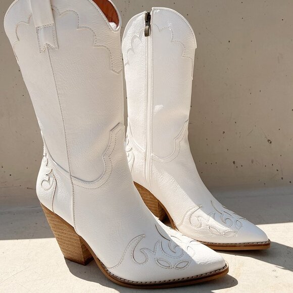 NEW White Western Cowgirl Cutout Applique Pointy Toe Block Heel Mid Calf Boots - Picture 12 of 16